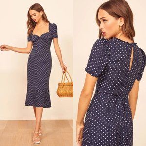 REFORMATION Marfa Midi Dress Blue Pink Polka Dot